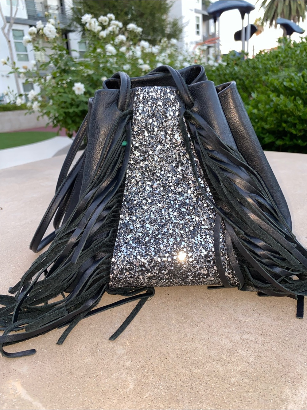 IL E’TAIT UN FIL Black Fringe Bucket Bag with Silver Glitter Panel